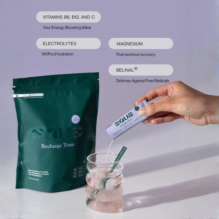 Person pouring a supplement into a glass with a green package labeled 'Recharge Tonic' on a light gray background.