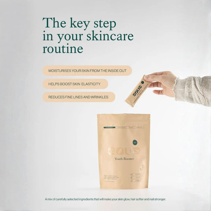 Product packaging with text about skincare benefits on a light gray background