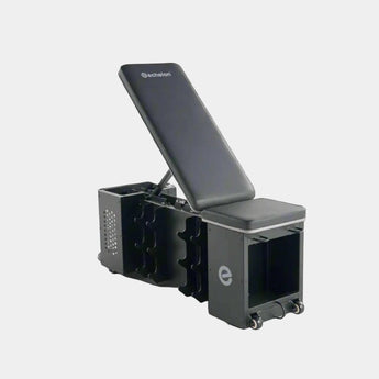 Black exercise bench with weight rack on a white background