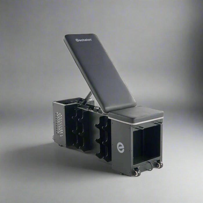 Black exercise bench with weight rack on a white background