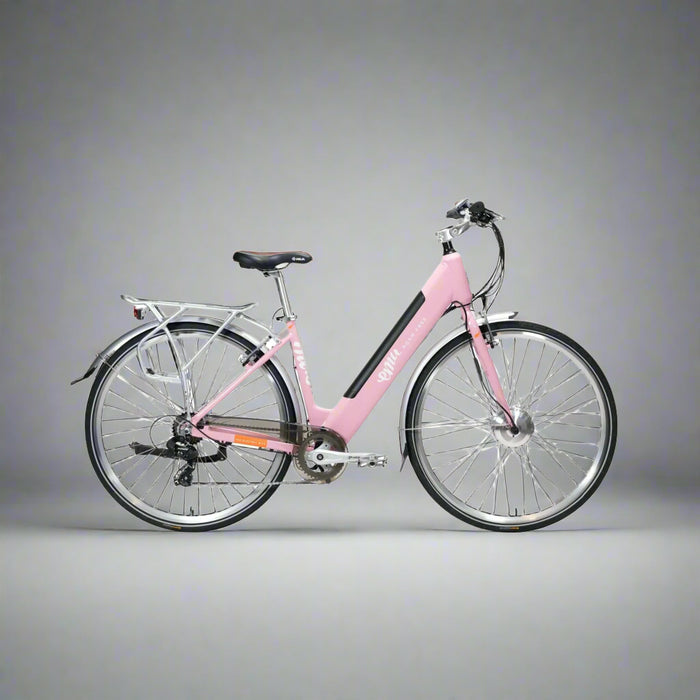 Pink bicycle on a white background