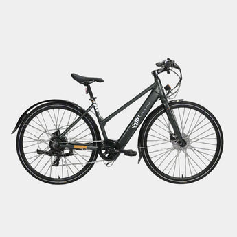 A step-through electric bike, predominantly gray in color, in a studio setting
