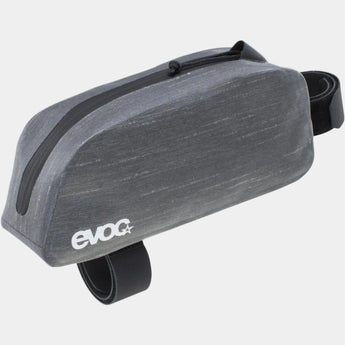 A gray EVOC Top Tube Pack WP 0.8L mounted on a bicycle frame, featuring a zippered closure and the brand's logo.