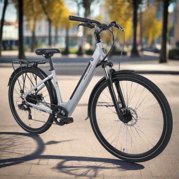 Falcon Horizon Low Step Electric Hybrid Bike, Silver - North Sports Group