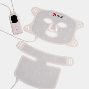 Silicone face and body masks with a control device on a white background, featuring the FLOE brand.