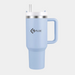 blue mug branded with Floe on a light grey background