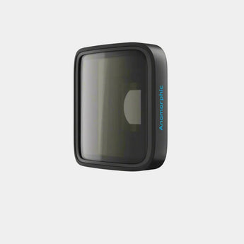 Black rectangular device with a reflective surface on a gray background