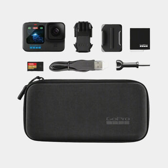 GoPro HERO 12 Black Specialty Bundle contents displayed, including the camera, SanDisk microSD card, carrying case, and other accessories.