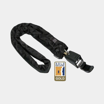 A black Hiplok Home Gold Chain Lock with a wall hook, displayed on a white background.