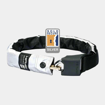 A Hiplok V1.5 Wearable High Visibility Chain Lock with a reflective silver sleeve and black padding, featuring a locking mechanism and branding, along with a 'Gold Secure Silver' award badge.