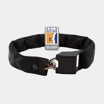 A wearable chain lock with a black fabric sleeve and a silver-colored padlock, displaying the Gold Secure rating badge.