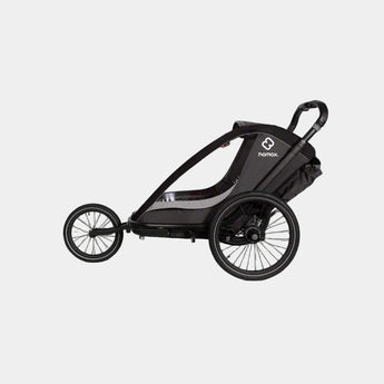 Black baby stroller with brand logo on a white background