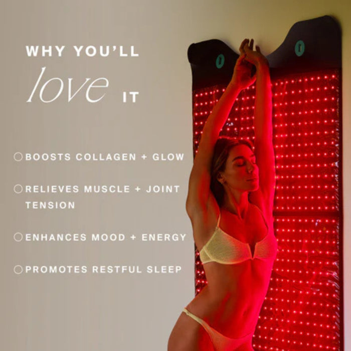 Person using a red light therapy device with text highlighting benefits on a gray background