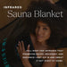 Woman wrapped in an infrared sauna blanket with promotional text.