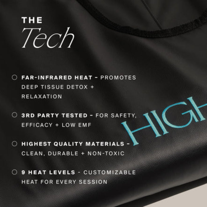 Black product packaging with text detailing features and benefits on a dark background