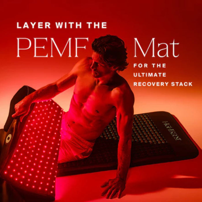 Man lying on a PEMF mat with promotional text for recovery stack on a red background