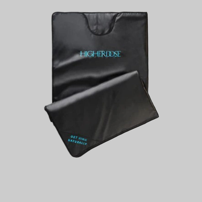Black blanket with 'Higher Dose' branding on a white background