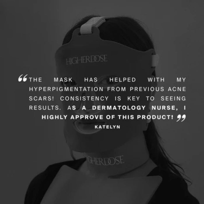 Person wearing a 'HigherDose' mask with a quote about its effectiveness for hyperpigmentation.