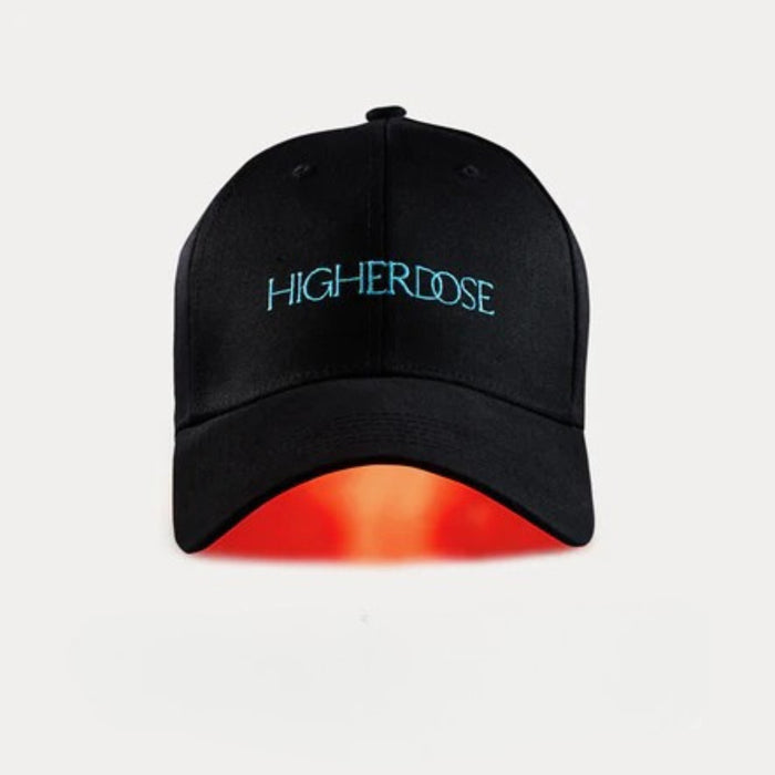 Black cap with 'HIGHERDOSE' logo and red light on a white background