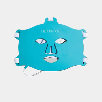 Blue face mask with 'HigherDose' branding on a light gray background