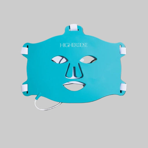 Blue face mask with 'HigherDose' branding on a light gray background