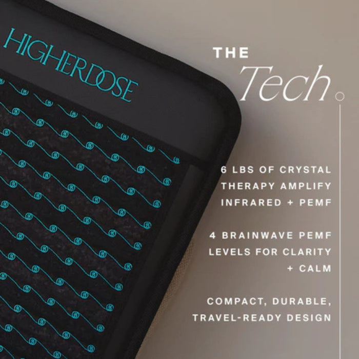 Black device with 'HigherDose' branding and text about features on a gray background