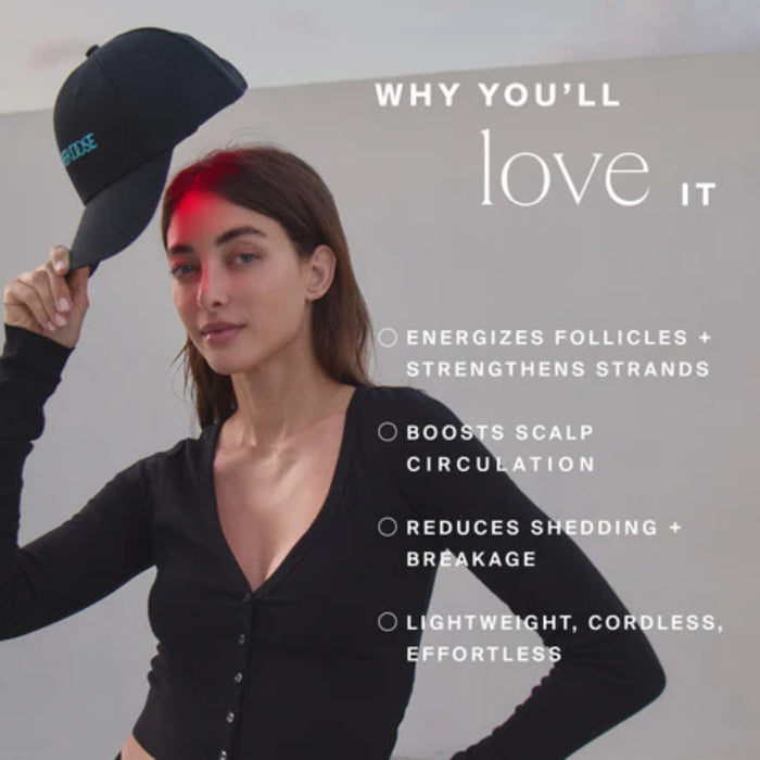 Woman holding a black cap with text about hair care benefits on a gray background