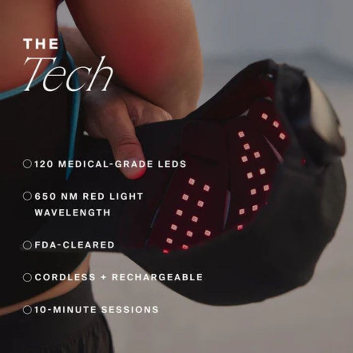Red light therapy device held by a person with text detailing features.
