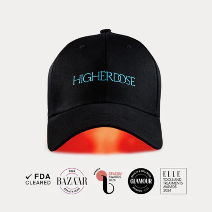 Black cap with 'HIGHERDOSE' branding on a white background, featuring logos below.