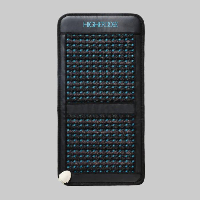 Black and blue patterned device with 'HigherDose' branding on a gray background