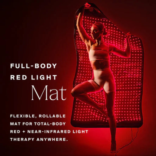 Person using a full-body red light mat with text describing its features.