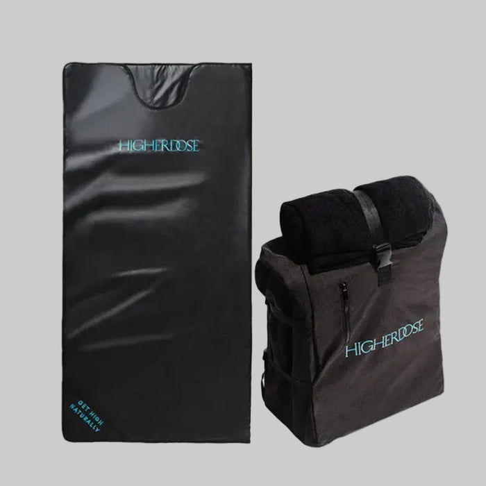 Black mat and bag with 'HigherDose' branding on a white background