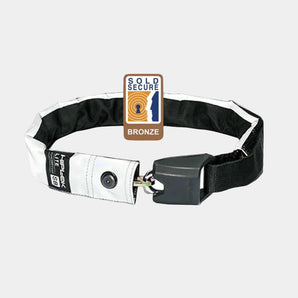 The image shows the Hiplok LITE Wearable Chain Lock, which is predominantly black with a white reflective sleeve. It includes a padlock and is displayed with the Sold Secure Bronze Award logo.