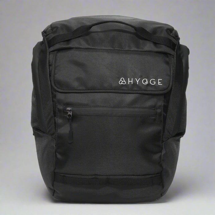 Black backpack with 'HYGE' logo on a white background
