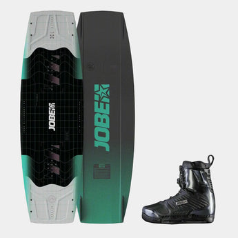 A Jobe Prolix wakeboard with attached Jobe Nitro wakeboard bindings. The wakeboard is predominantly black and green with some gray detailing, and the bindings are black with a gray and green design.