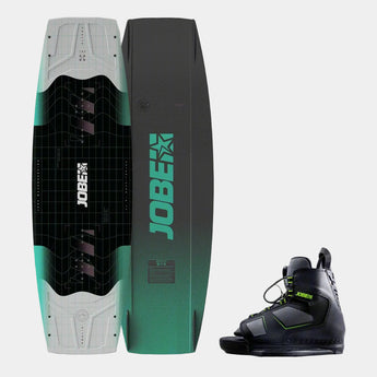 Jobe Prolix Wakeboard with Unit Bindings Set, featuring a black and teal wakeboard paired with black bindings with green accents.
