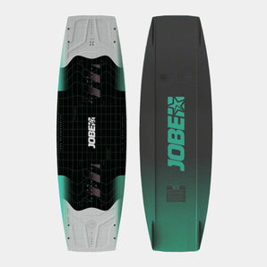The image shows the Jobe Prolix Wakeboard, which is black with gray and green accents. The wakeboard has the brand name 'Jobe' written on it, and it is displayed in a way that shows both the top and the side of the board.