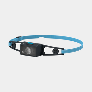 Headlamp with blue strap on a white background