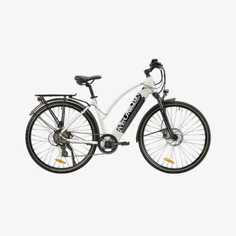 White electric bicycle with black details on a white background
