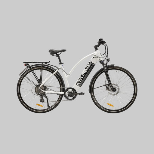 White electric bicycle with black details on a white background