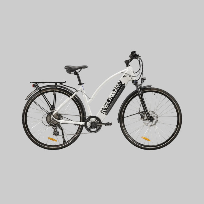 White electric bicycle with black details on a white background