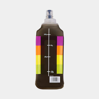 A dark brown collapsible water bottle with a clear cap, featuring a colorful vertical measurement scale in white with purple, orange, yellow, and green blocks.