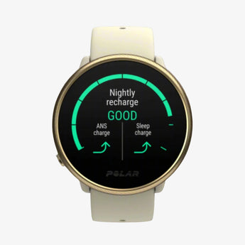 A Polar Ignite 2 Fitness Watch with a black display showing various health and fitness metrics, with a gold case and white strap.