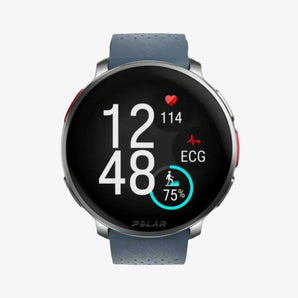 A digital display of a Polar Vantage V3 watch showing time, heart rate, and ECG feature with a blue watch case and strap.