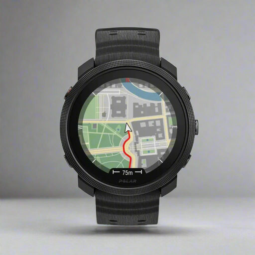 Black smartwatch displaying a map on its screen with a white background