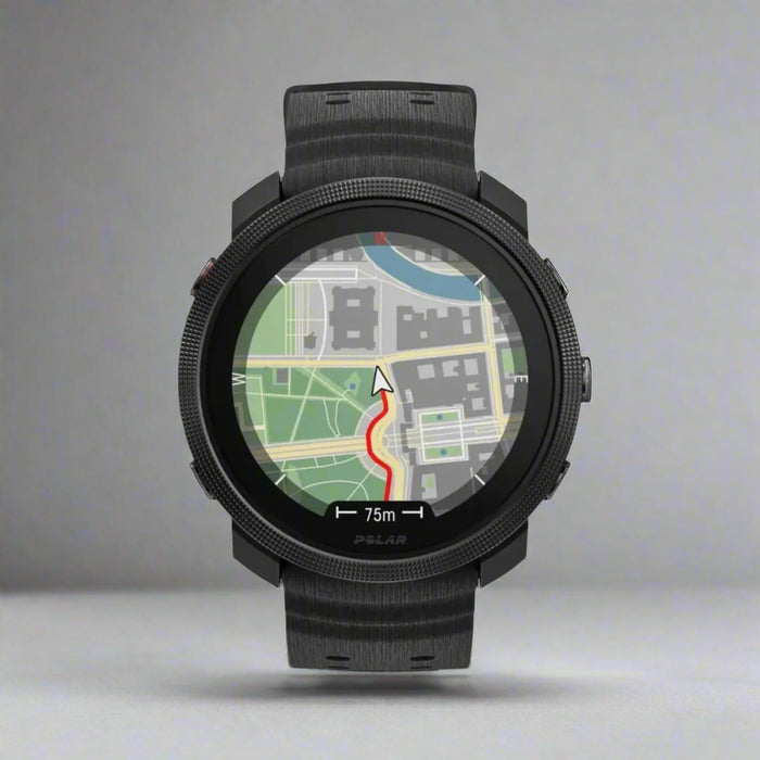 Black smartwatch displaying a map on its screen with a white background