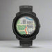 Black smartwatch displaying a map on its screen with a white background