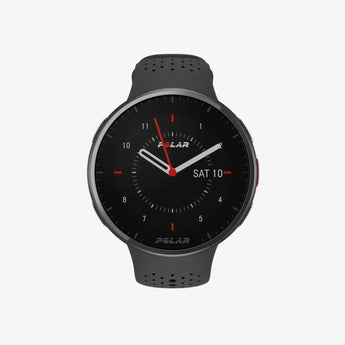 front facing image of the Polar Pacer Pro in black face and strap with a red dial on a light grey background 