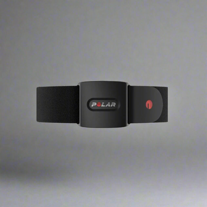 Black heart rate monitor chest strap with Polar logo on a white background