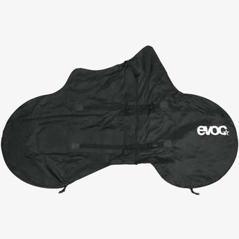 Black bicycle cover with 'evoc' branding on a gray background